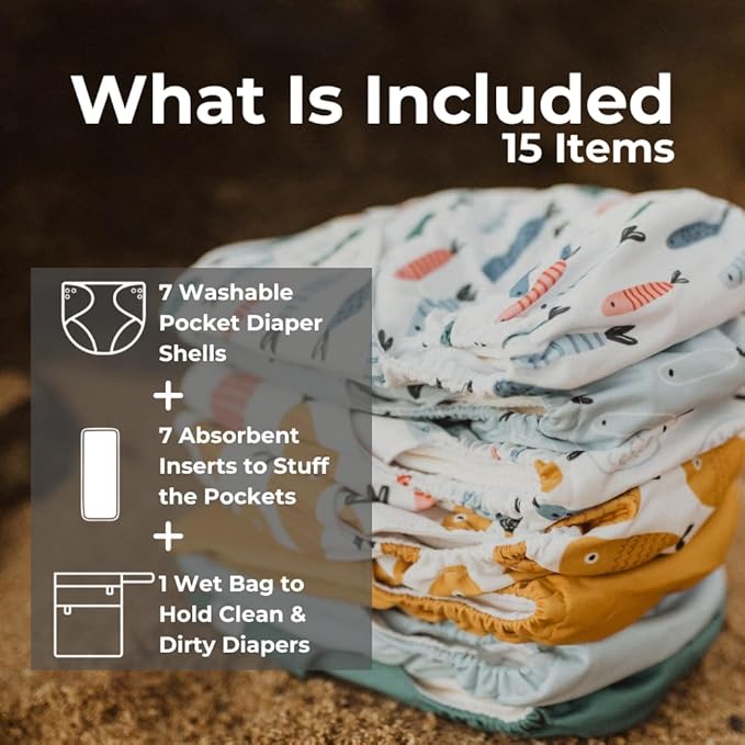 Nora's Nursery Cloth Diapers 7 Pack with 7 Inserts & 1 Wet Bag - Waterproof Cover, Washable, Reusable & One Size Adjustable Pocket Diapers for Newborns and Toddlers - Reel Me in