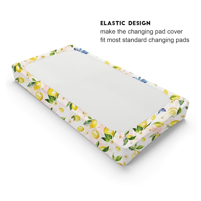 Watercolor Lemons Leaves Changing Pad Covers Summer Lemon Boho Flowers Leaves Fitted Baby Changing Table Sheets for Boy Girl Fruits Soft Breathable Stretch Diaper Change Table Pad Mats 32''x16''