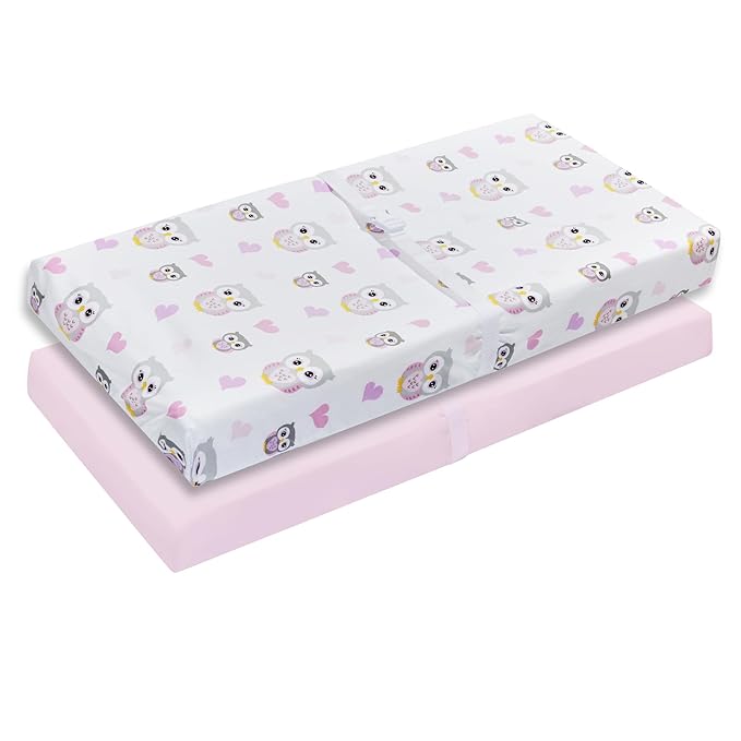 EVERYDAY KIDS 2 Pack Baby Changing Pad Covers for Girls in Solid Pink and Nature Owl Print – Fits Most Changing Table Pads; 100% Cotton Percale Weave, Breathable, Ultra Soft Changing Table Topper