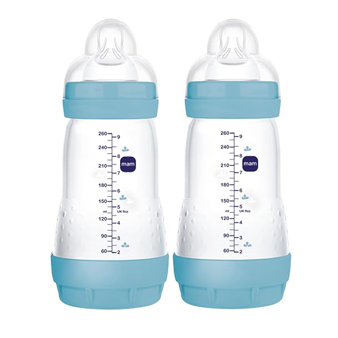 MAM Easy Start Matte Anti-Colic Baby Bottles, Medium Flow Nipples, 9 oz (2 Count) & MAM Easy Active Baby Bottles, Fast Flow, 11 oz (2 Count) Bundle for Baby Boy