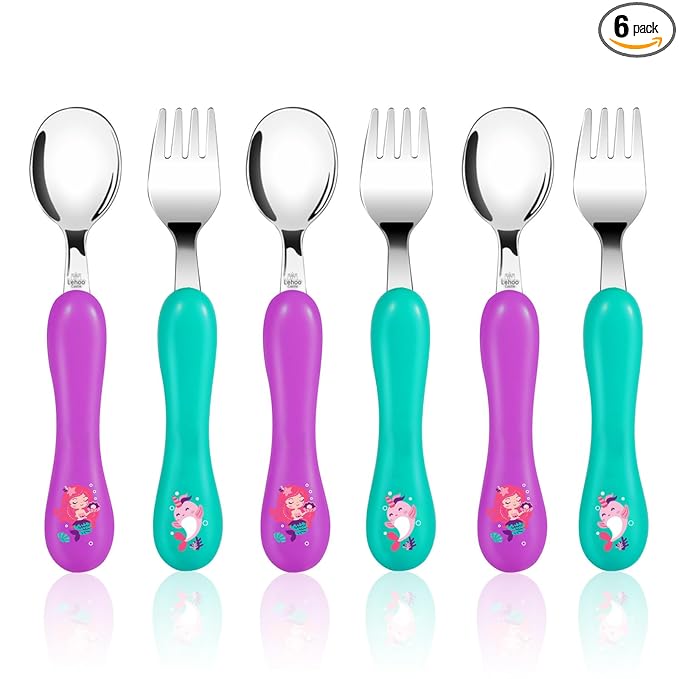 Lehoo Castle 6 Pieces Toddler Utensils, Kids Silverware for 2 3 4 Years Old, Stainless Steel Fork and Spoon Set with Plastic Handle, Safe Toddler Cutlery (Mermaid)