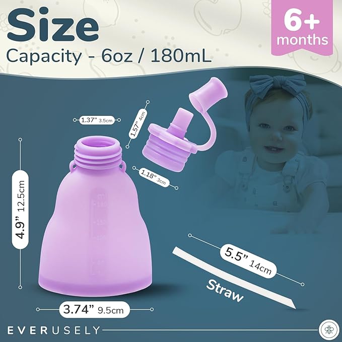 Everusely Reusable Baby Food Pouches for Toddlers - 2 Pack, 6 oz/180 ml, Lavender - Squeezable Silicone Food Pouch - Refillable, Leakproof, Spill Proof Puree Containers - BPA Free - Dishwasher Safe