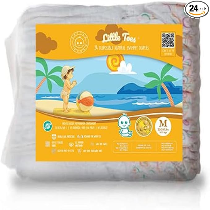 Little Toes Premium Natural Disposable Swim Diapers, Size 3-4 Medium (20-30 lbs) (24 Count) | Baby Disposable Swim Diapers | Hypoallergenic, Chlorine & Fragrance-Free | Gentle on Sensitive Skin