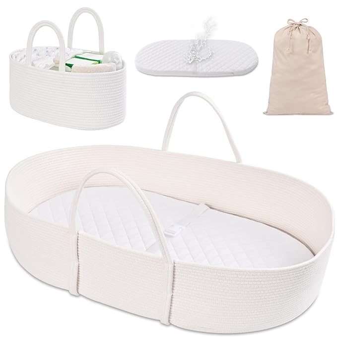 Changing Baskets Set,Moses Basket with Pad and Diaper Caddy,Set of 2 Baskets,Portable Cotton Rope Woven Basket,Replaceable Pad,Gifts for Newborn 28.7" x 15.7" x 7.8"（White）