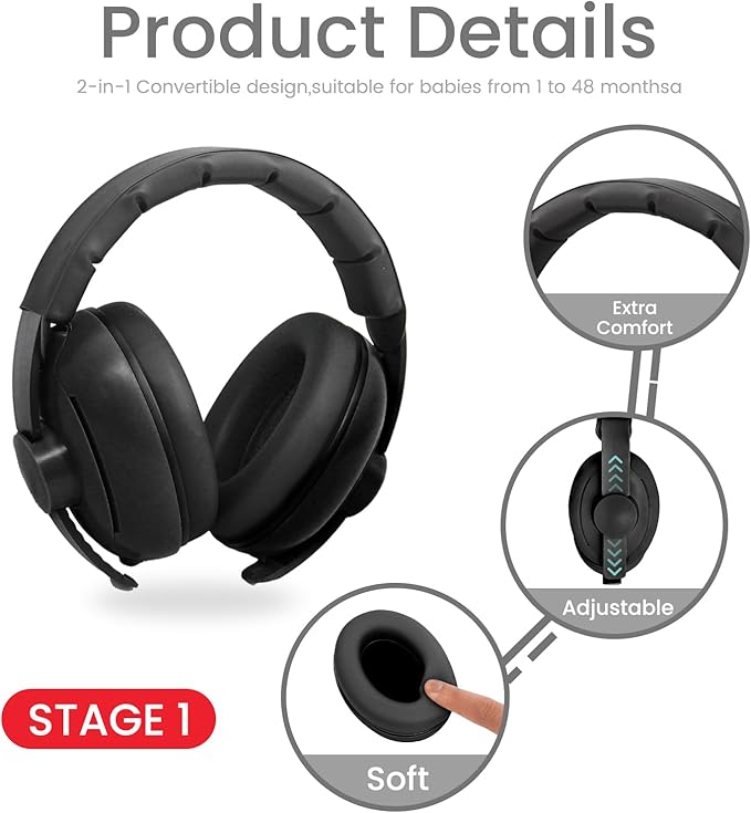 2-in-1 Adjustable Baby & Toddler Noise Cancelling Headphones - Ear Muffs for Kids 1-3 for Airplane Travel