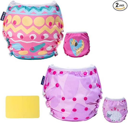 EZ Moms Baby Swim Diapers Reusable 2Pcs Large Size Snap Adjustable Washable One Size Toddler Swim Diaper with a Shammy Towel for Baby Girl Water Diaper Waterproof Swimming Diapers for Swimming Lessons