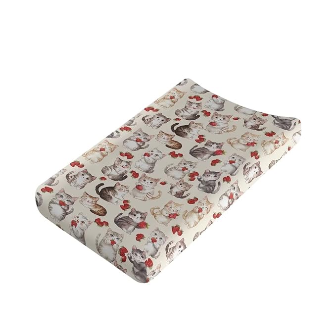 Cute Cat Baby Nursery Diaper Changing Pad Covers Beige Change Table Cover Sheets for Newborn Boys, One Size, Breathable Soft Changing Table Covers