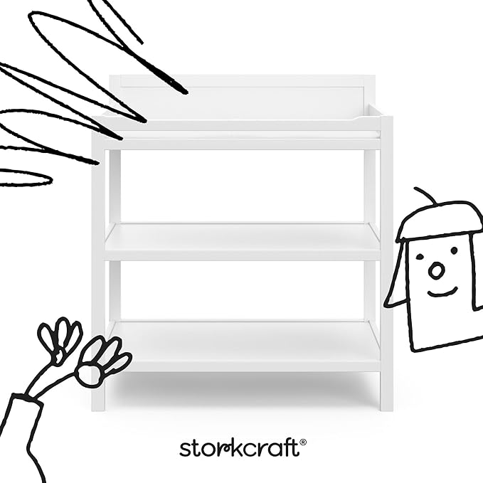 Storkcraft Alpine Changing Table (White) – GREENGUARD Gold Certified Nursery Changing Table, Includes Water-Resistant Changing Pad, 2 Shelves for Nursery Storage and Organizing
