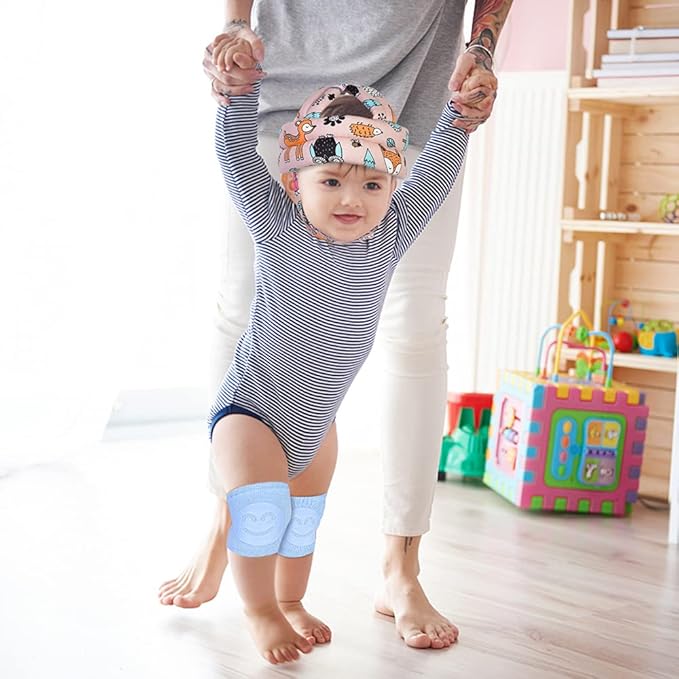 Adjustable Baby Helmet, Lightweight & Soft, with Knee Pads & Socks for Crawling & Walking. Forest, Pink