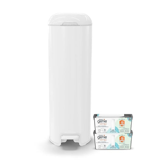Platinum Diaper Pail Lily White, Made of Durable Stainless Steel, Convenient Easy to Use Hands-Free Operation, Odor-Locking Pail, Includes 2 Easy Roll Refill with 18 and 30 Durable Bags