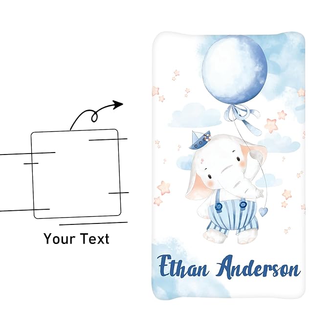 Personalized Baby Changing Pad Cover - 2 Piece Blue Elephant Baby Pee Pad Nursery Bedding with Name, Portable Diaper Changing Pad, Gifts for Infant