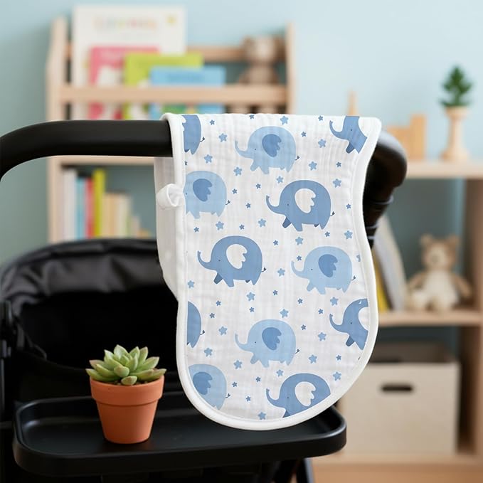 5pcs Elephant Burp Cloths for Baby Boys Girls 100% Cotton Blue Elephant Themed Design Burp Rags, Soft Breathable Muslin Burping Cloths Absorbent Spit-Up Cloths for Infant Newborns