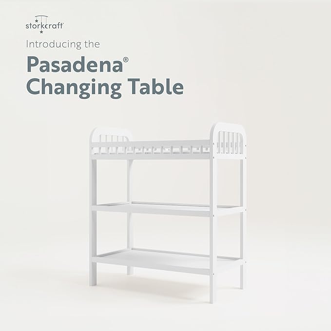 Storkcraft Pasadena Changing Table with Water-Resistant Changing Pad (White) - GREENGUARD Gold Certified, Includes Bonus Water-Resistant Changing Pad with Safety Strap, 2 Open Shelves