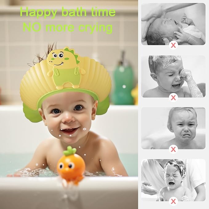 Baby Shower Cap Shield, Shower Cap for Kids, Visor Hat for Eye and Ear Protection for 0-9 Years Old Children, Cute Little Dinosaur Shape Makes The Baby Bath More Fun (Blue)