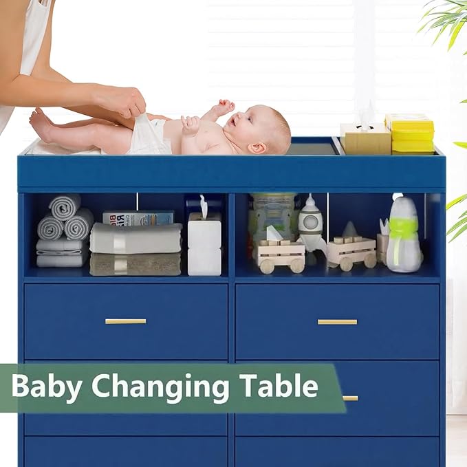 Jojoka Nursery Changing Table Dresser with LED Lighting and Charging Function, 6 Drawer Storage Dresser with 2 Open Compartments, Convertible Baby Diaper Station for Nursery and Bedroom Use