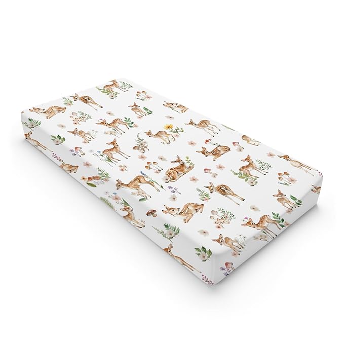 Spring Animal Changing Pad Cover Deer Mushroom Flowers Leaves Forest Baby Nursery Diaper Changing Pad Sheets for Boy Girl Soft Breathable Stretch Fitted Changing Table Sheets Mats 32''x16''
