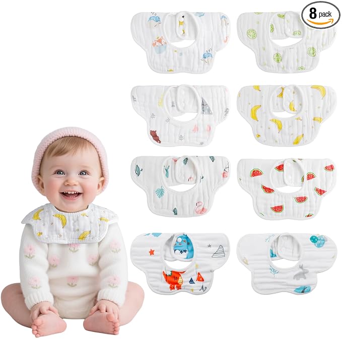 8-Pack 360° Rotate Organic Cotton Baby Bibs, Newborn Muslin Bibs For Teething And Drooling,Unisex Baby Bibs For Toddler, Adjustable With Snaps, Super Soft & Absorbent Baby Bibs For Boys And Girls.