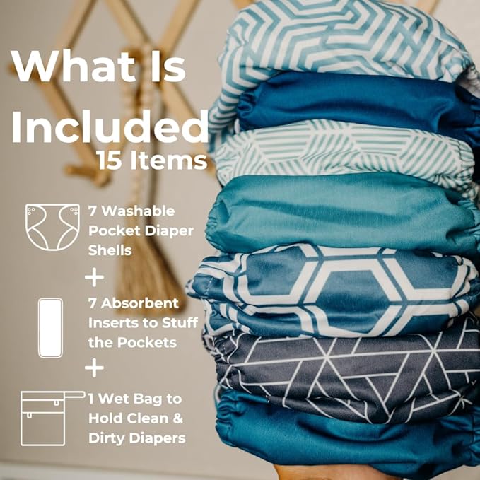 Nora's Nursery Cloth Diapers 7 Pack with 7 Inserts & 1 Wet Bag - Waterproof Cover,Washable, Reusable & One Size Adjustable Pocket Diapers for Newborns and Toddlers-Dimensional Blues