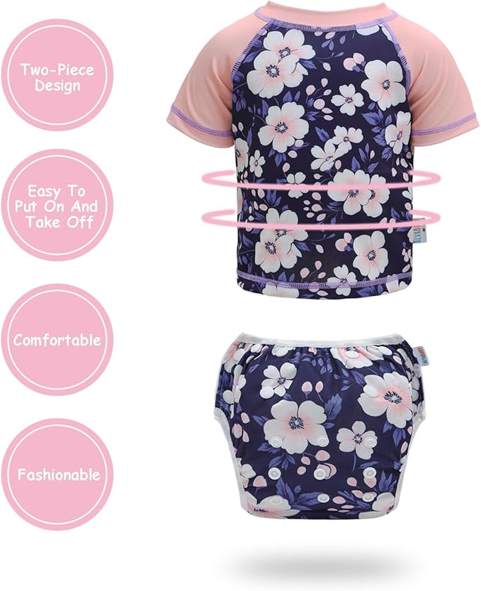 ALVABABY Baby Girl Swimsuit, 2-Piece Infant Toddler Bathing Short Sleeve Swimwear, Large Baby Reusable Swim Diaper with Matching Top