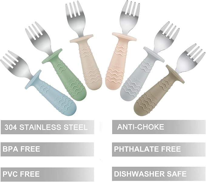 PandaEar 6 Pack Baby Forks for Self Feeding | Stainless Steel Tips & Silicone Handle Baby Utensils for Toddlers & Kids | BPA-Free, Easy Grip, Dishwasher Safe Feeding Forks for Baby Led Weaning