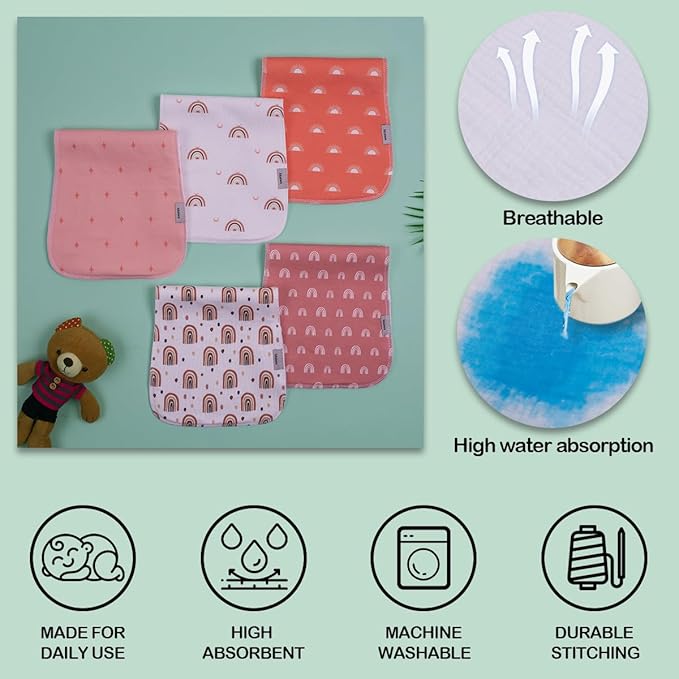 Maiwa 5 Pack Burp Cloths Baby Boy & Girl Soft Absorbent Burping Cloths for Babies, Newborn Spit Up Rags, Infant Towels, Unisex, Large 18.5" x 8.6" (Rainbow)