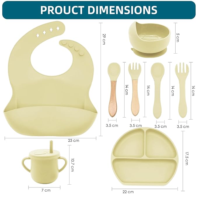100% Silicone baby feeding set,BPA free Baby dishes set with Suction Bowl Divided Plate,Toddler Self Feeding Dish Set with Spoons Forks Sippy Cup And Bib, Baby Eating Utensils (Yellow)