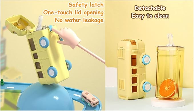 2023 New Portable Bus Shape Water Bottle, 16 OZ, 360 Leak-Proof, Kids Travel Bottle with Straw and Strap, Bounce Flip Top, Blue