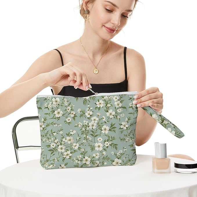 Fokongna Floral Print Wet Bag, Small Portable Waterproof Multi-Functional Organizer for Women, Green Tiny White Floral, Ideal for Daily, Beach & Travel