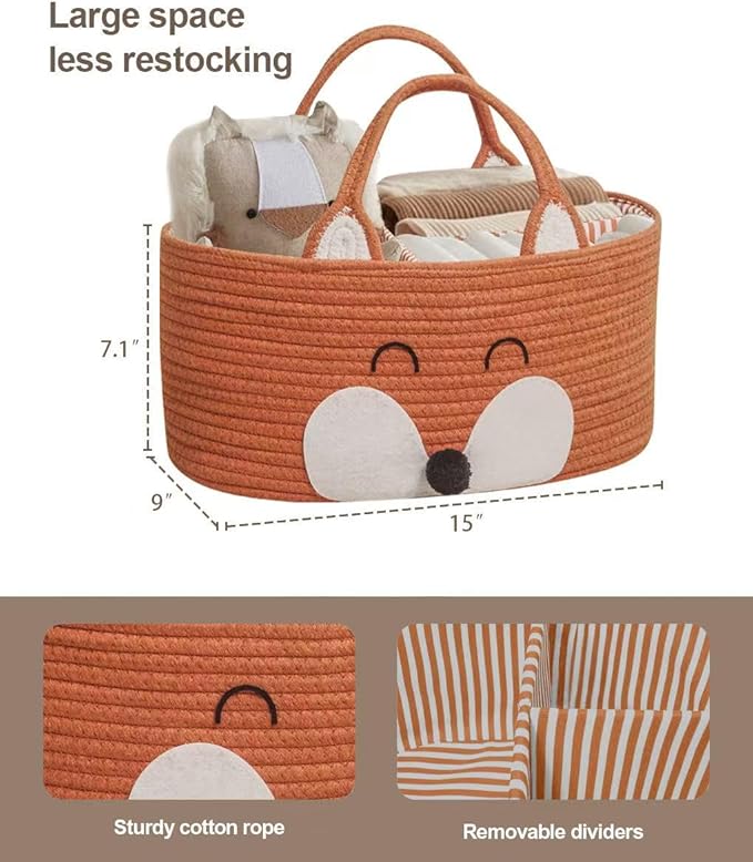 T&T Homewares Diaper Caddy Organizer, Cotton Rope Diaper Caddy Basket, Baby Shower Basket, Nursery Storage Bins, Newborn Caddie- Cat, Fox, Penguin (Orange Fox)