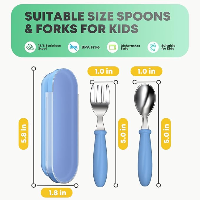 Toddler Utensils, Toddler Forks and Spoons, Baby Stainless Steel Silverware Set with Storage Box for Self Feeding Safe, Dishwasher Safe (2 Set with Case)