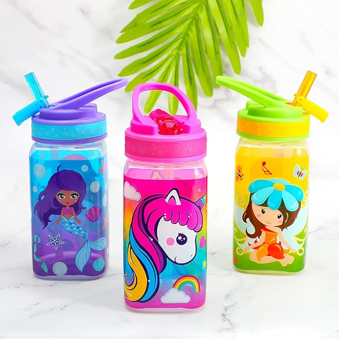 15oz Kids Water Drinking Bottle - BPA Free, Wide Mouth, Flip Sip Top, Easy Open, Lightweight, Leak-Proof, Cute Design For Girls & Boys - 3 Pack Unicorn & Fairy & Mermaid