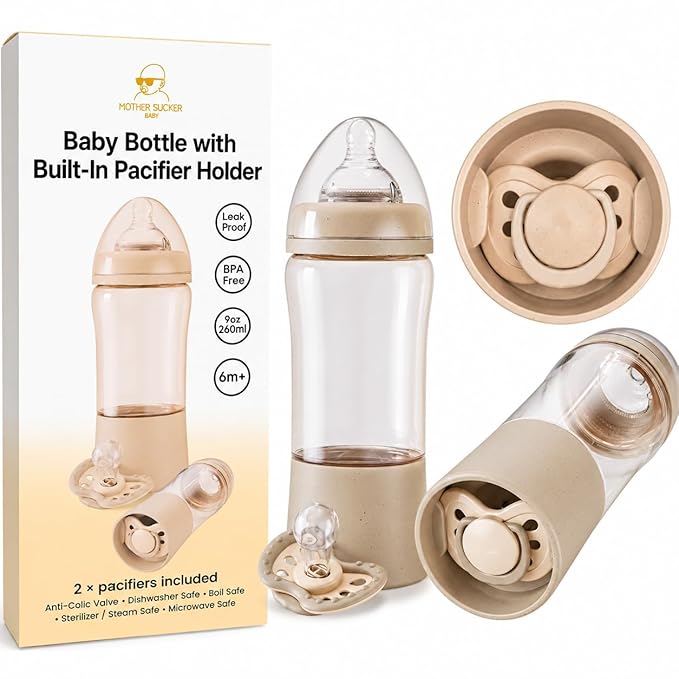 Baby Bottle with Built in Pacifier Storage, 8oz 240ml, BPA Free, Anti Colic, Includes Pacifier, Medium Flow