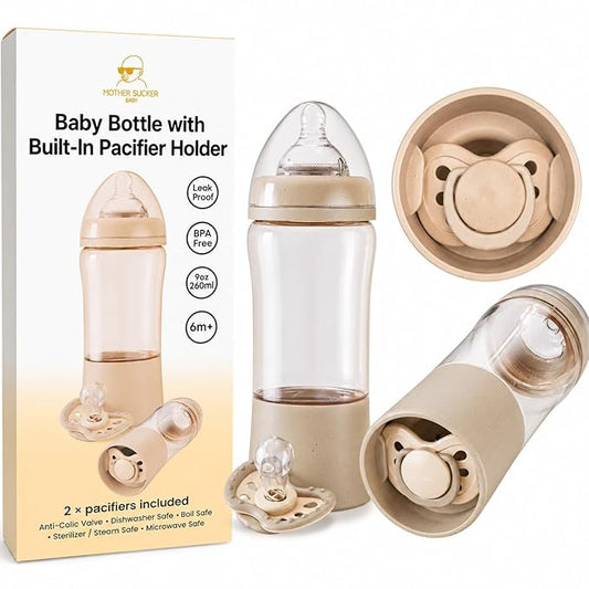 Baby Bottle with Built in Pacifier Storage, 8oz 240ml, BPA Free, Anti Colic, Includes Pacifier, Medium Flow