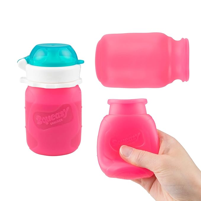Pink 3.5 oz Squeasy Snacker Spill Proof Silicone Reusable Food Pouch - for Both Soft Foods and Liquids - Water, Apple Sauce, Yogurt, Smoothies, Baby Food - Dishwasher Safe