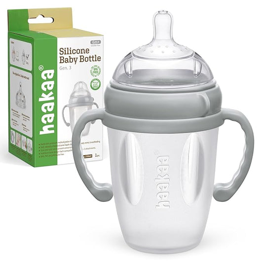 haakaa Gen. 3 Silicone Baby Bottle 250ml /8.4oz – Baby Bottles for Babies 6M+, BPA-Free Breastfeeding Baby Bottle with Natural Latch, Variable Flow Anti-Colic Silicone Baby Bottle– Grey