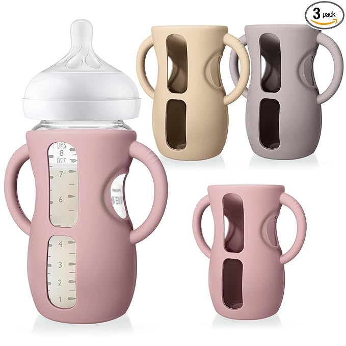 Juome Silicone Sleeves with Handles for Avent Natural Glass Baby Bottles - 3 Pack Anti Breakage Baby Bottle Holder for Philips Avent Glass Baby Bottle, Compatible with Phillips Avent Bottles 8 oz