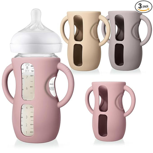 Juome Silicone Sleeves with Handles for Avent Natural Glass Baby Bottles - 3 Pack Anti Breakage Baby Bottle Holder for Philips Avent Glass Baby Bottle, Compatible with Phillips Avent Bottles 8 oz