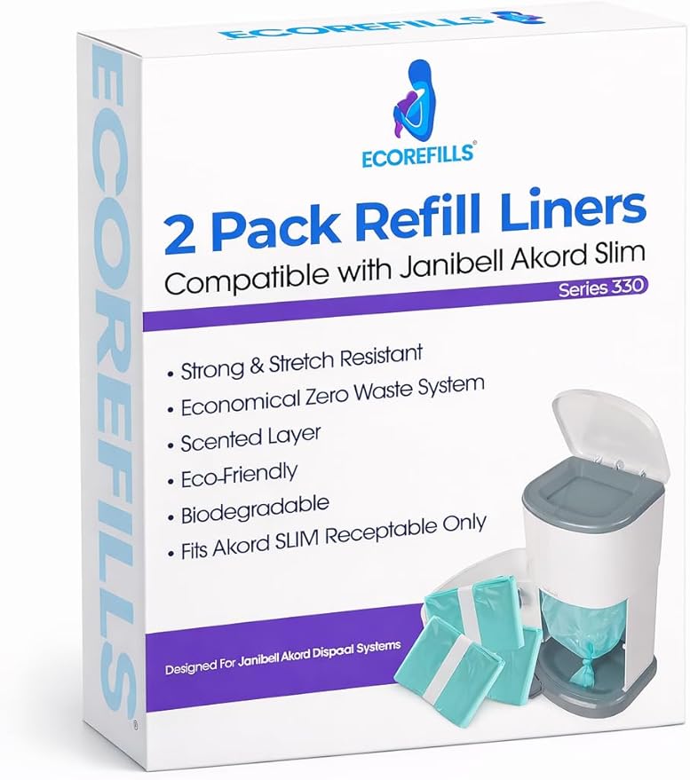 330 Janibell Akord Adult Diaper Pail Refill Liners, Compatible with Janibell Akord 330 Model Odor-Control, Adult Diaper System to Eliminate Waste, Odor Resistant Easy Cut & Tie 2 pack