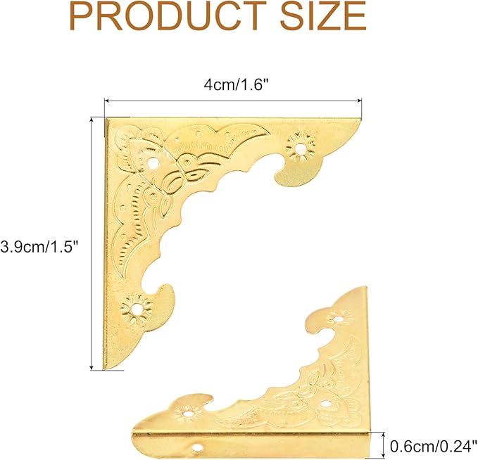 uxcell 30pcs Vintage Corner Protector 1.6"x1.5"x0.2" Decorative Metal Edge Corner Protectors Brackets with Mounting Nails for Box Wooden Case Chest Table Desk Yellow