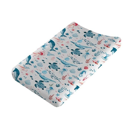 Nautical Animals Life Changing Pad Covers Sea Turtle Whale Jellyfish Sea Horse Weeds Unisex Diaper Change Table Sheets for Boys Girls Soft Breathable Stretch Changing Pad Sheets 32''x16'' White