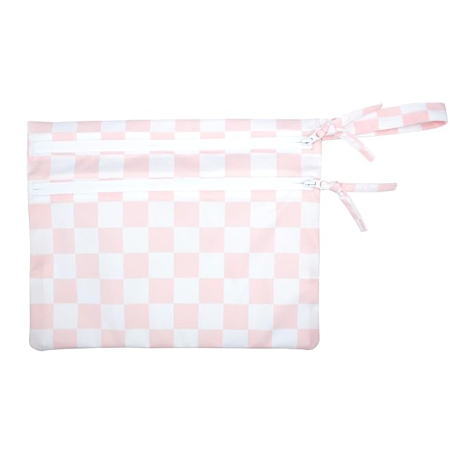 BapronBaby Pink Checkerboard Wet Dry Bag - Waterproof Two Zipper Pocket - Reusable for Mealtime, Diapers, Stroller, Snacks, Swimsuits - Machine Washable - 11" x 9"