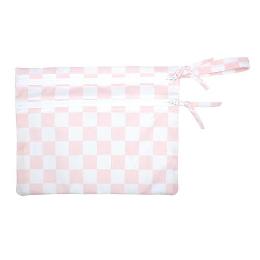 BapronBaby Pink Checkerboard Wet Dry Bag - Waterproof Two Zipper Pocket - Reusable for Mealtime, Diapers, Stroller, Snacks, Swimsuits - Machine Washable - 11" x 9"