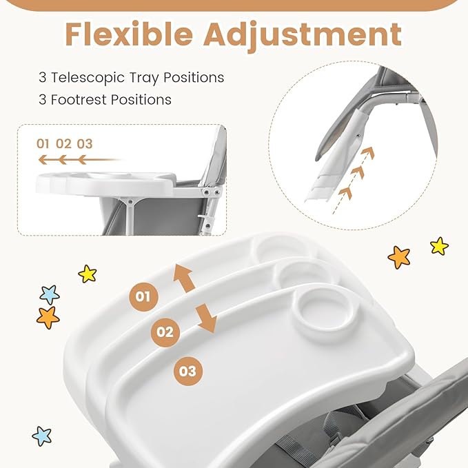 HONEY JOY High Chair, Foldable Baby Feeding Chair, Adjustable Tray & Footrest, Removable Easy-to-Clean PU Seat Cushion, 5-Point Harness, Cup Holder, Highchairs for Babies and Toddlers (Gray)