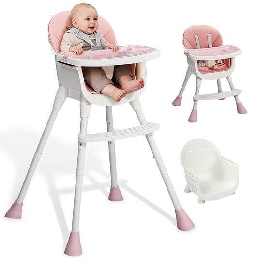 Ktaxon 3-in-1 Baby High Chair, Portable Adjustable Height Highchair with Removable Dual-Layer Tray, 5-Point Safety Harness and Footrest for Toddlers & Babies, Pink