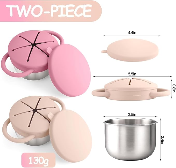 Bufilea 2 Pack Snack Containers for Toddlers, Stainless Steel Toddler Snack Cups with Silicone Food Catcher & Lids,Snack Cups for toddlers Spill Proof