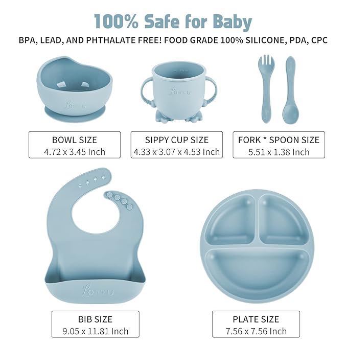 Silicone Feeding Set - Baby Led Weaning Supplies with Plate, Bowl, Bib, Spoon, Fork, Sippy Cup - BPA Free