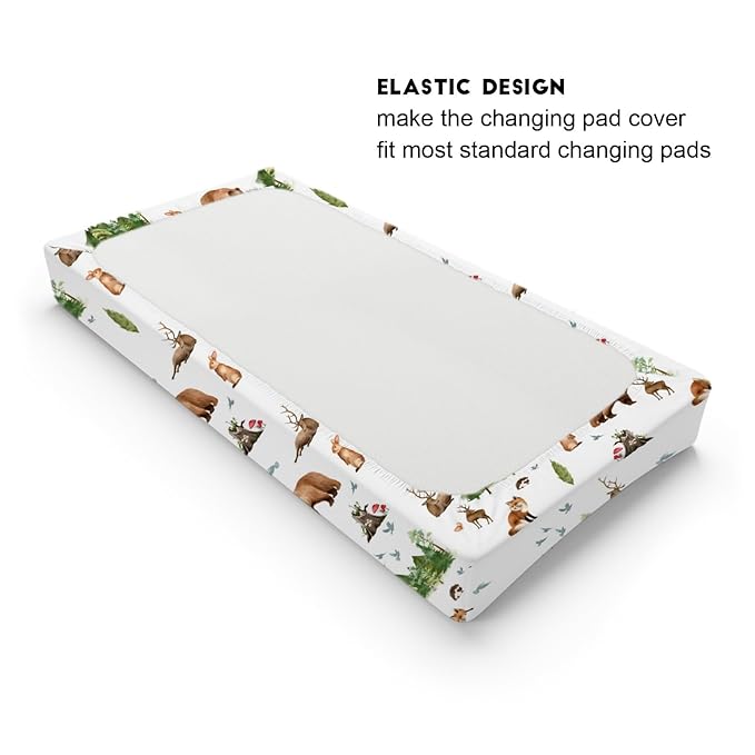 Cartoon Animals Baby Changing Pad Covers Cute Bear Deer Hedgehog Rabbit Birds Trees Mountain Diaper Change Table Pad Cover for Boys Girls Soft Stretchy Fitted Changing Mat Sheets 32''x16''