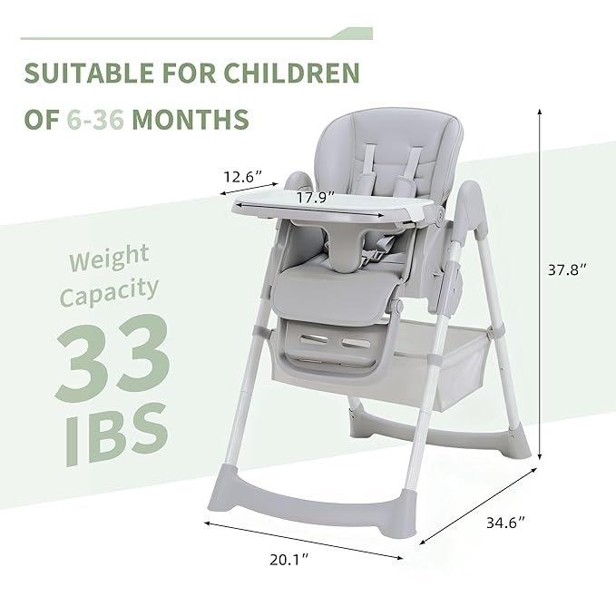 GarveeLife Foldable High Chair for Babies & Toddlers, PU Leather Highchair with Adjustable Backrest, Footrest, Seat Height, Removable Tray, 5-Point Safety Harness, Light Grey