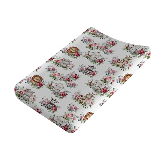 Baby Jungle Safari Animals Boho Floral Changing Pad Covers Elephant Giraffe Zebra Lion Hippo Roses Diaper Change Table Sheets for Girls Boys Soft Stretchy Snug Fitted Changing Mats Cover 32''x16''