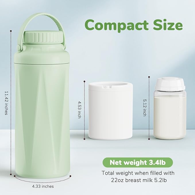 22oz Portable Breast Milk Cooler Bottle-Milk Cooler for Outdoor Travel, Keeps Fresh Cooling for 24+ Hours,Breastfeeding Essentials with 2pcs Bottle for Breastmilk Storage (Mint-Green)